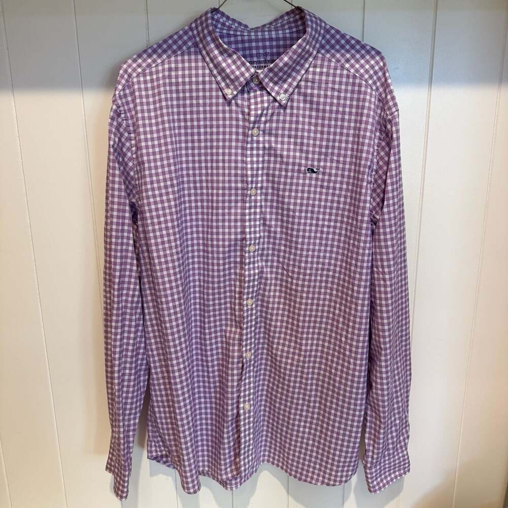 Vineyard Vines Men's XL Purple Gingham Check Performance Classic Fit Whale Shirt